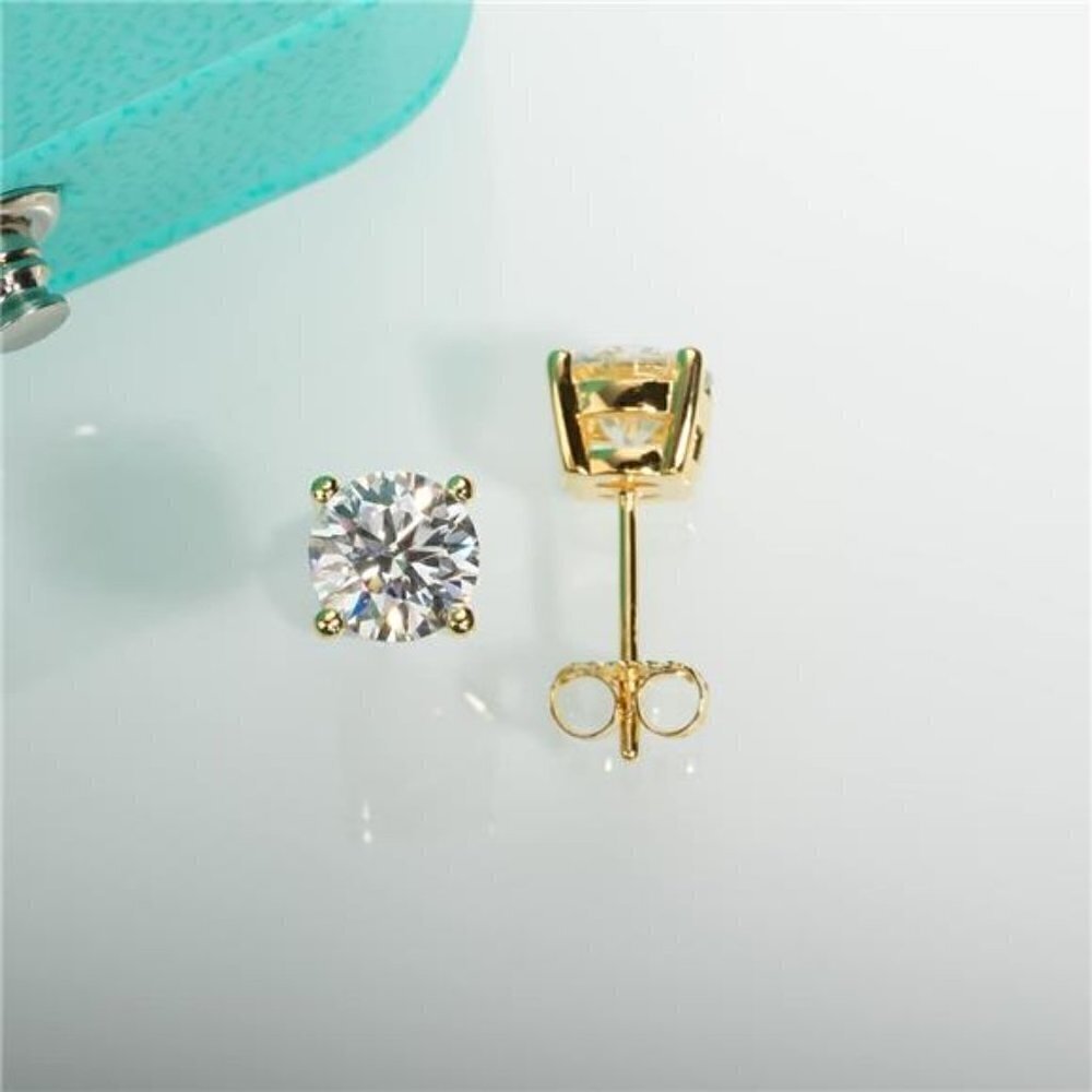 CERTIFIED 18K Yellow Gold 2.0ct Diamond Round Cut Stud Earrings Moissanite 925 - Picture 2 of 6